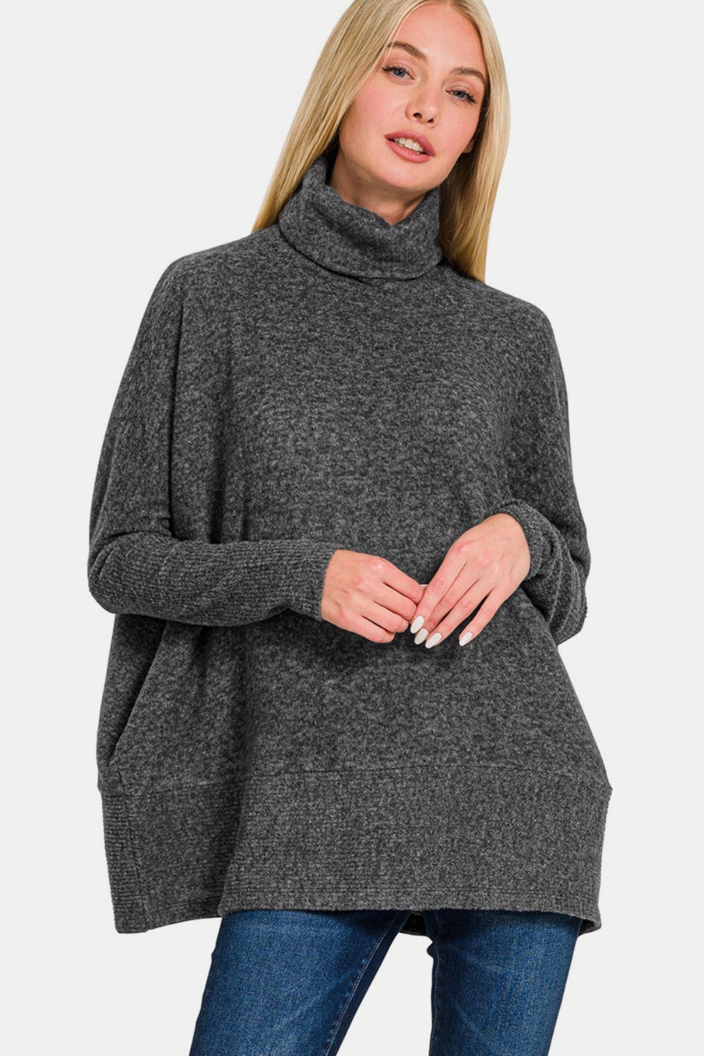 Zenana Full Size Brushed Melange Hacci Turtleneck Sweater - Charming Charlie