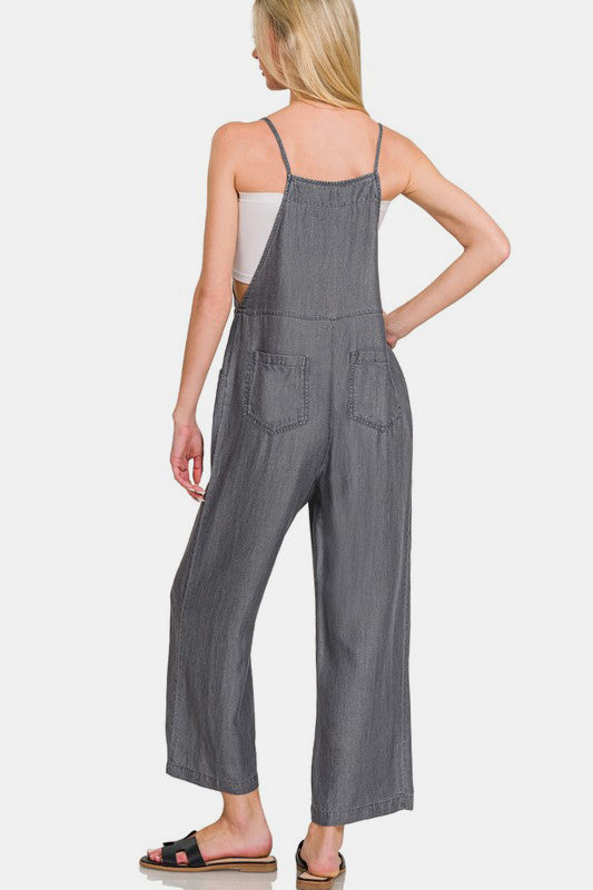 Zenana Washed Adjustable Strap Wide Leg Denim Overalls - Charming Charlie
