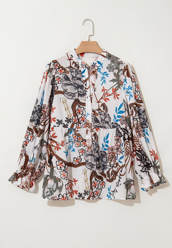 Printed Notched Flounce Sleeve Blouse - Charming Charlie