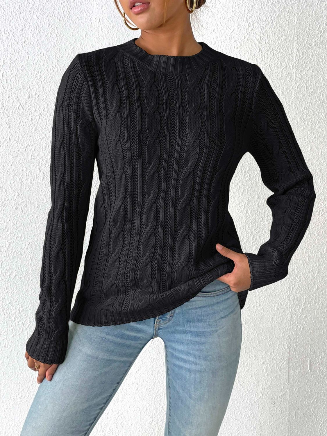 Cable-Knit Round Neck Sweater - Charming Charlie