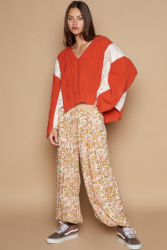POL Cable Knit Quilting Patch V-Neck Contrast Sweater - Charming Charlie