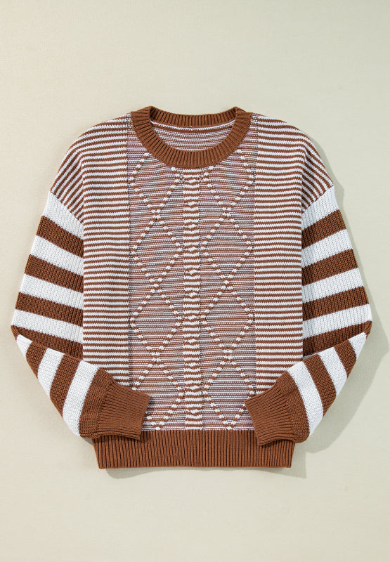 Striped Round Neck Dropped Shoulder Sweater - Charming Charlie