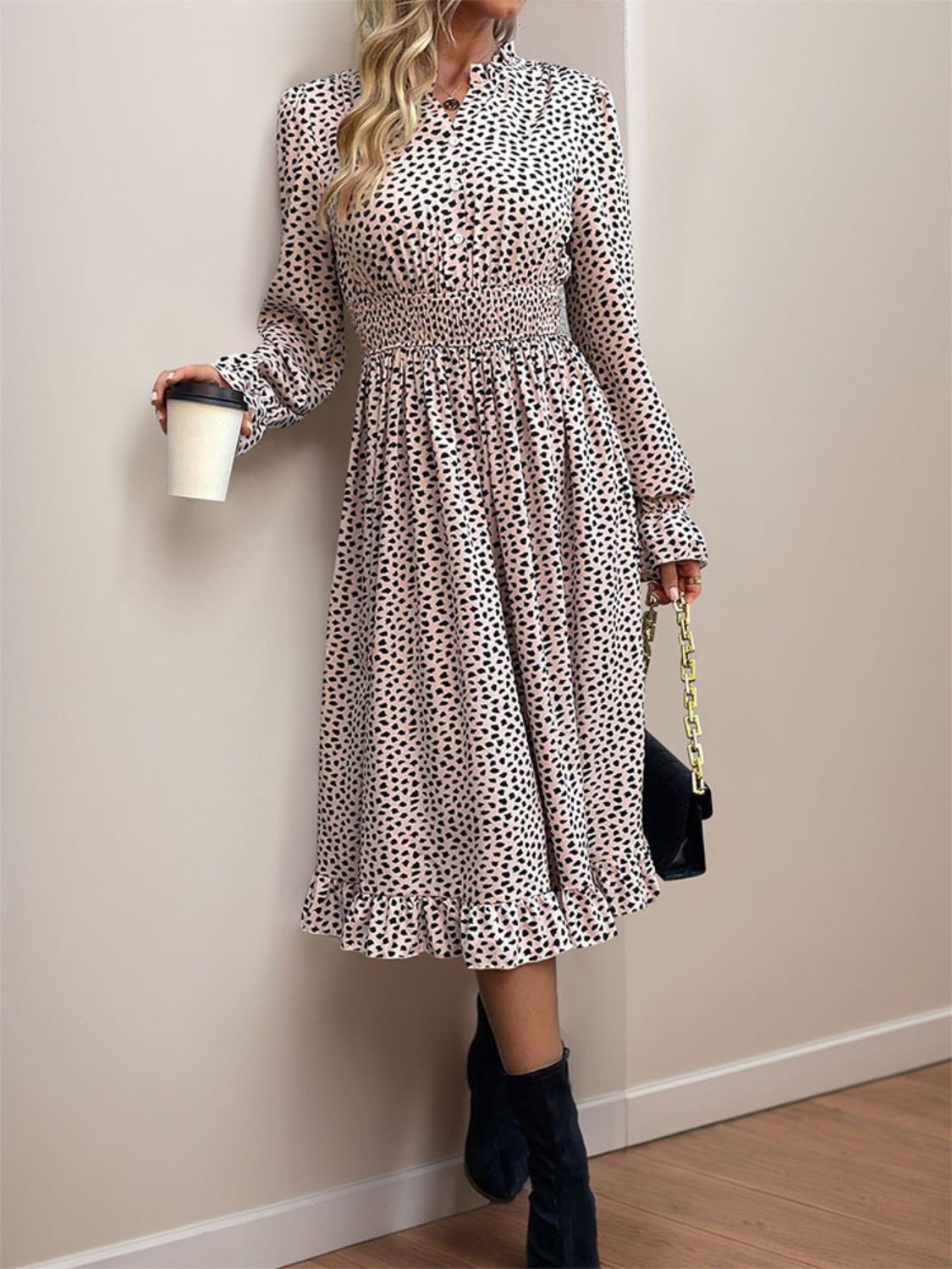 Ruched Ruffled Leopard Long Sleeve Dress - Charming Charlie