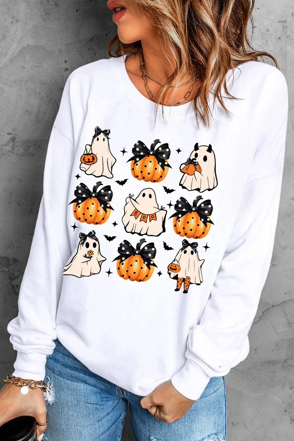 Pumpkin & Ghost Round Neck Long Sleeve Sweatshirt - Charming Charlie