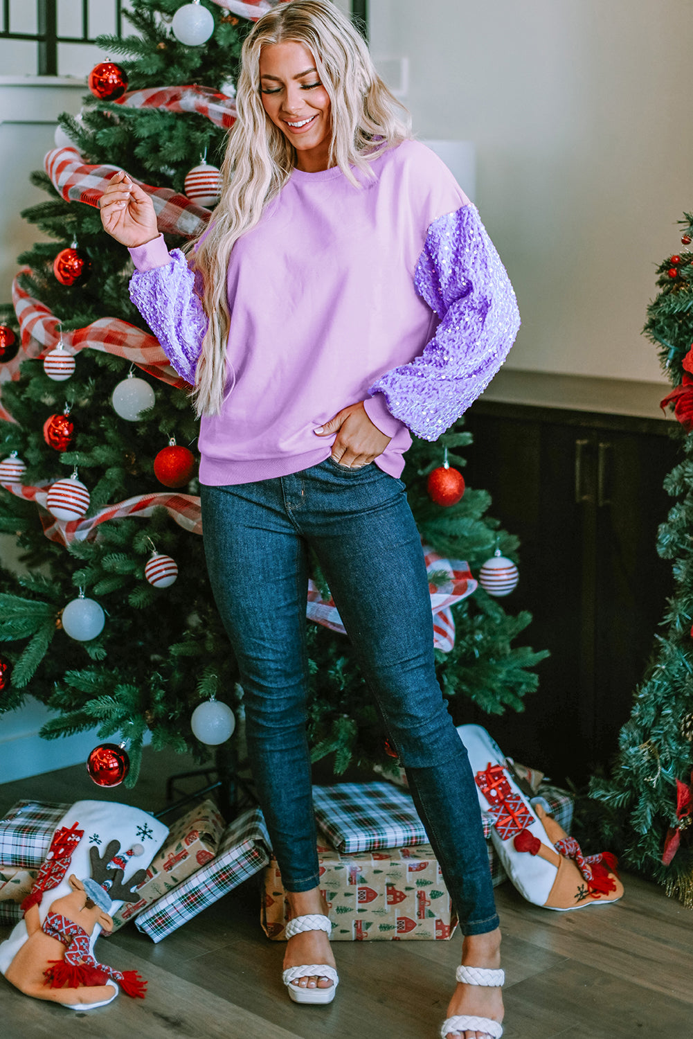 Sequin Round Neck Long Sleeve Sweatshirt - Charming Charlie