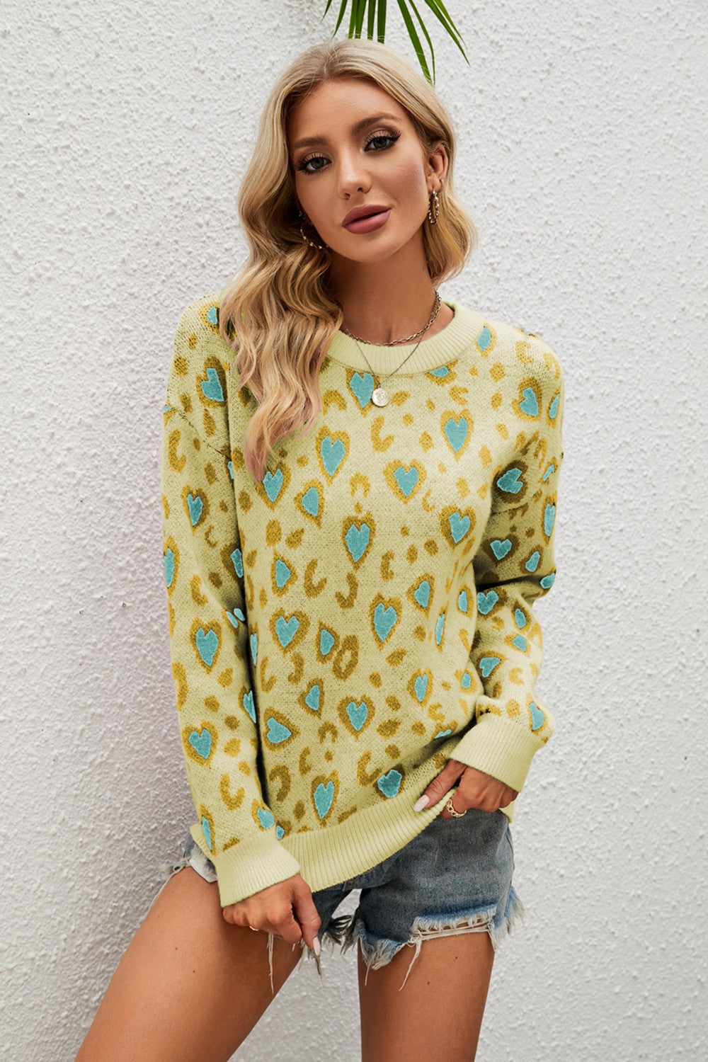 Heart Round Neck Dropped Shoulder Sweater - Charming Charlie