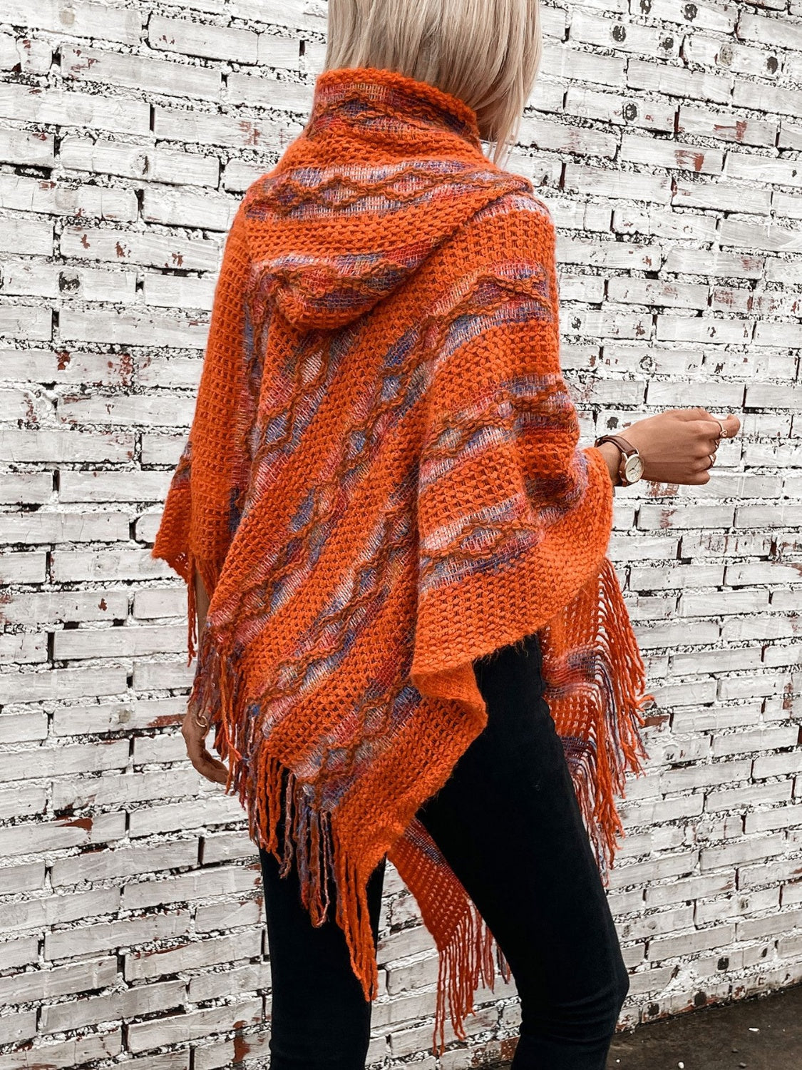Fringe Contrast Hooded Poncho - Charming Charlie