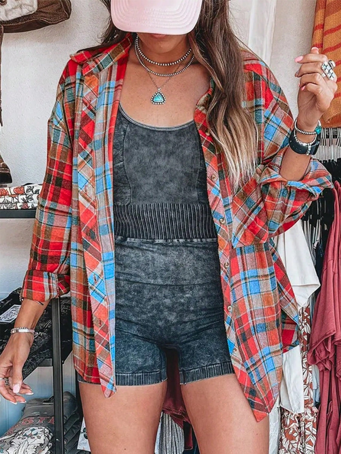 Plaid Collared Neck Long Sleeve Shirt - Charming Charlie