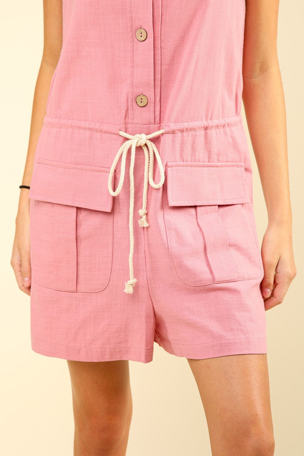 VERY J Half Button Drawstring Sleeveless Romper - Charming Charlie