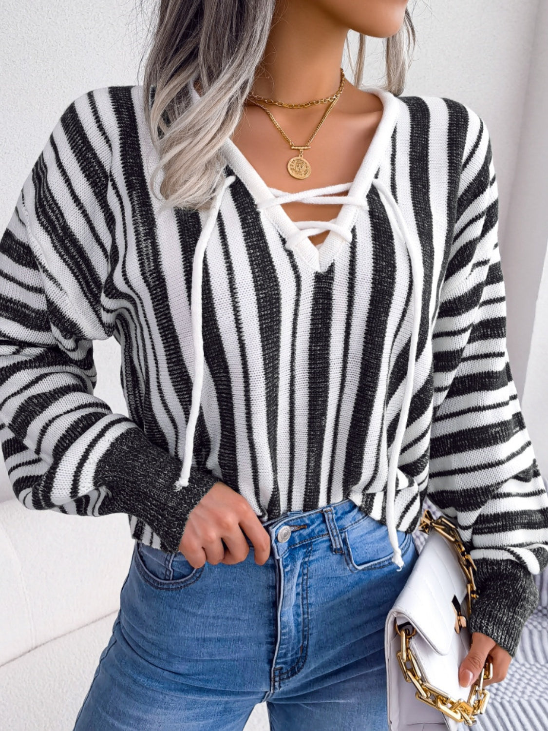 Striped Lace-Up Long Sleeve Sweater - Charming Charlie