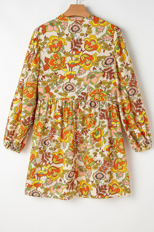 Women Floral Print V Neck Puff Sleeve Mini Dress - Charming Charlie