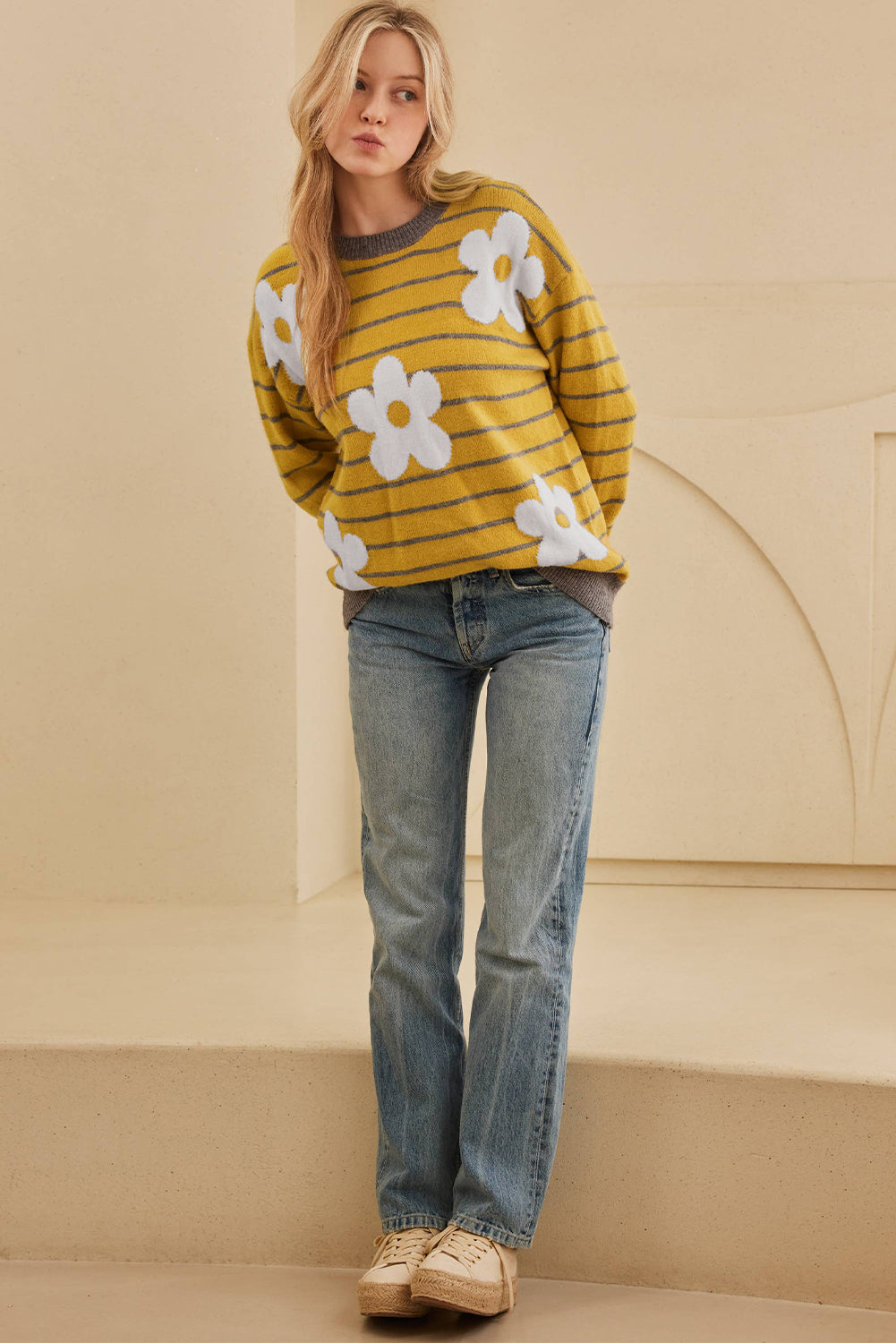 Flower Stripe Round Neck Long Sleeve Sweater - Charming Charlie