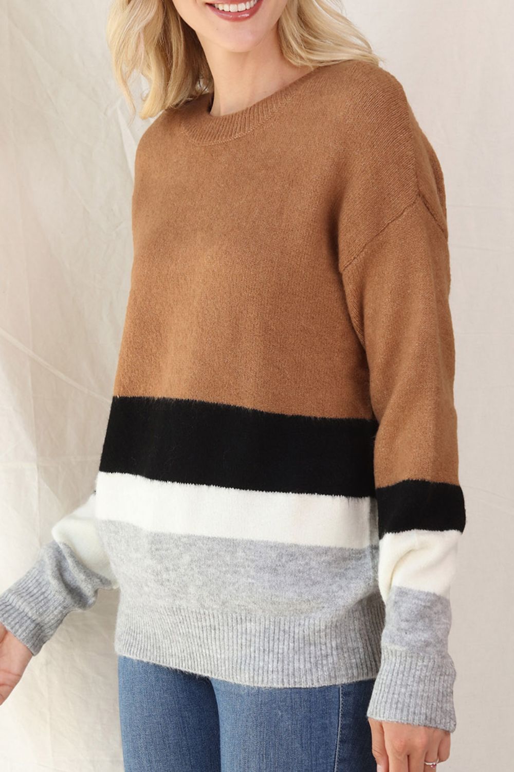 Color Block Round Neck Dropped Shoulder Sweater - Charming Charlie