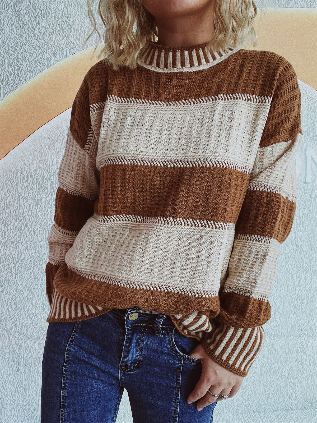 Contrast Round Neck Long Sleeve Sweater - Charming Charlie