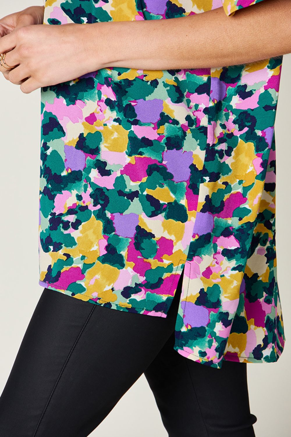 Double Take Full Size Printed V-Neck Short Sleeve Side Slit Top - Charming Charlie