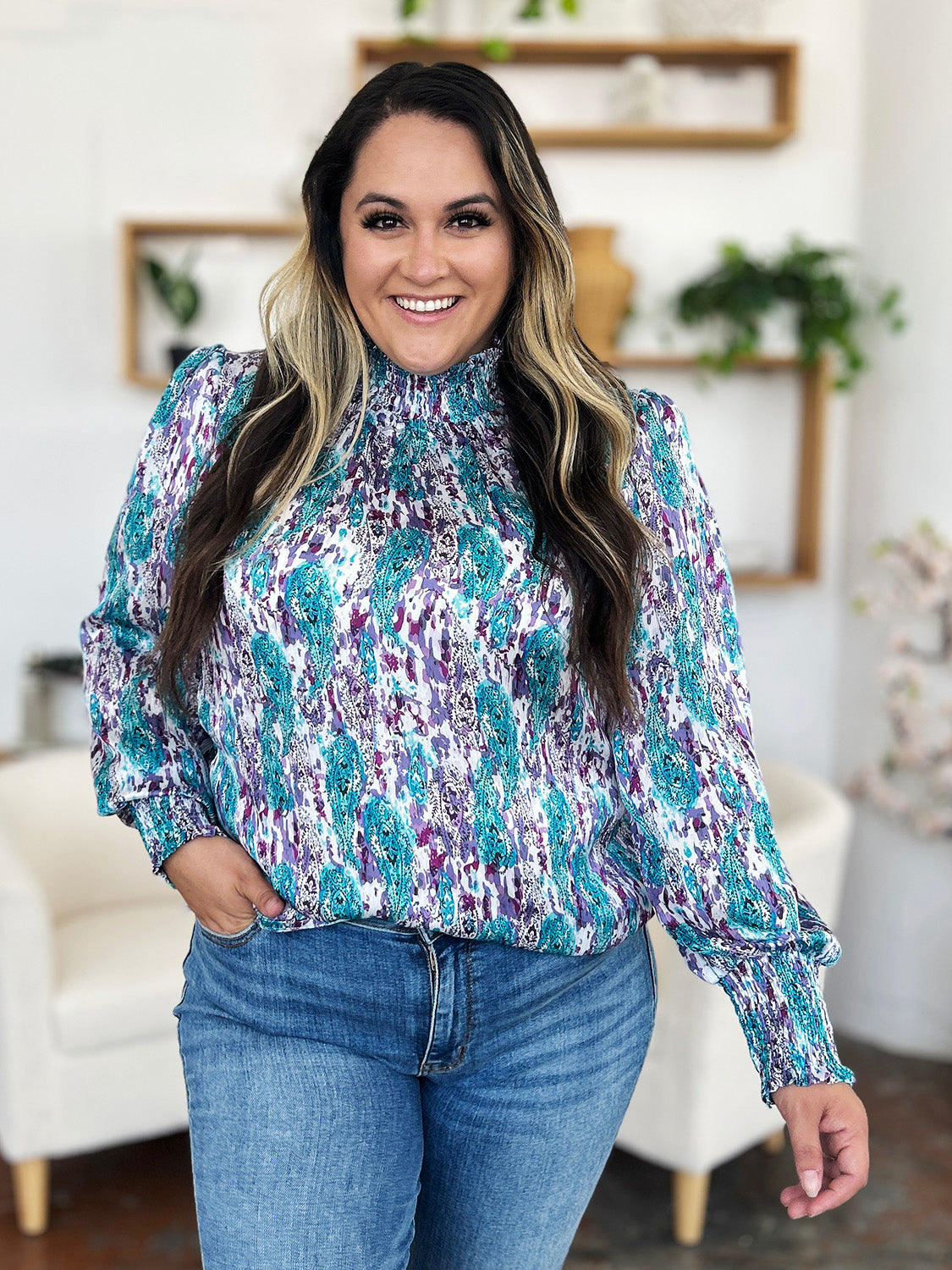Double Take Full Size Printed Smocked Long Sleeve Blouse - Charming Charlie