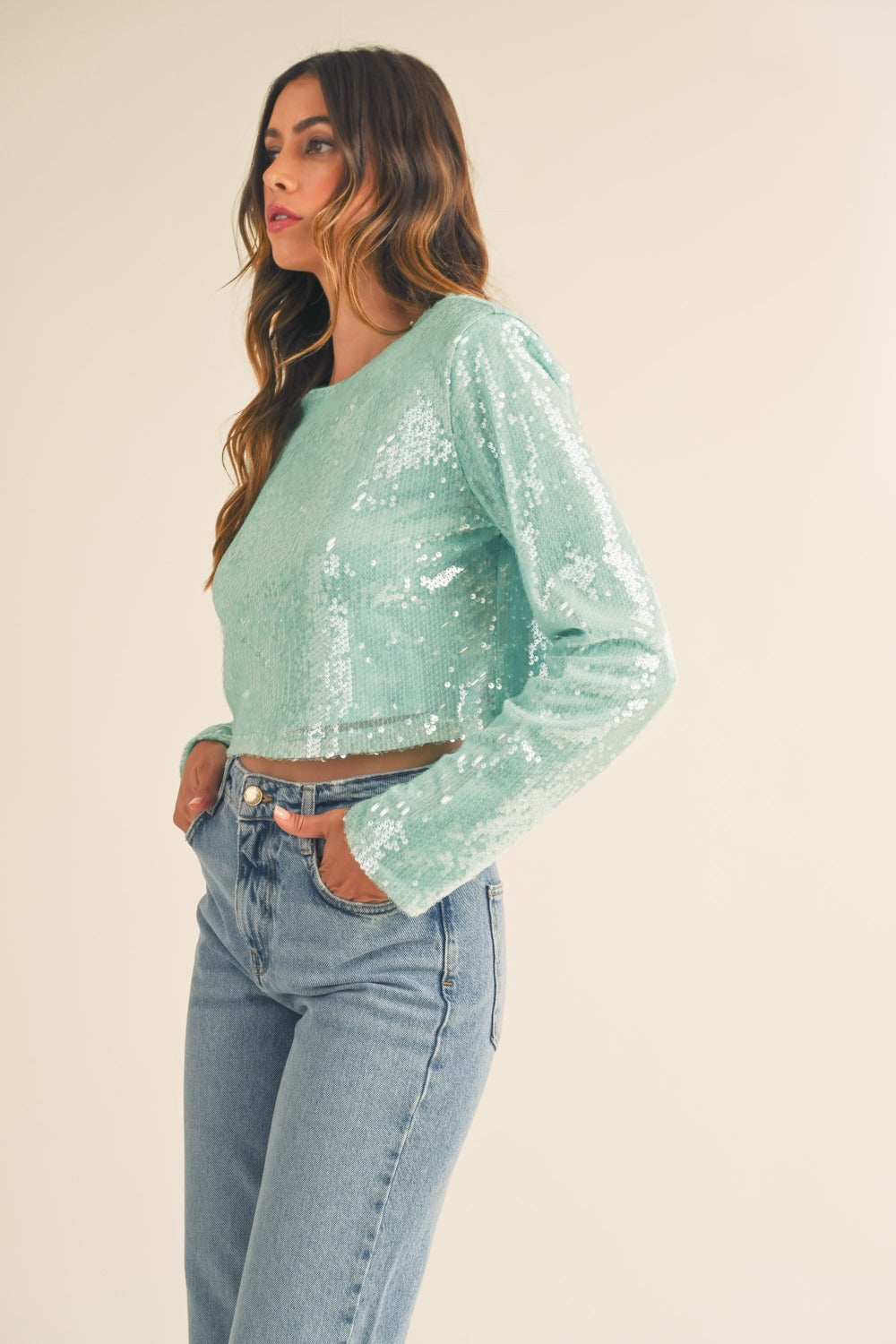 MABLE Shoulder Padded Sequin Crop Top - Charming Charlie