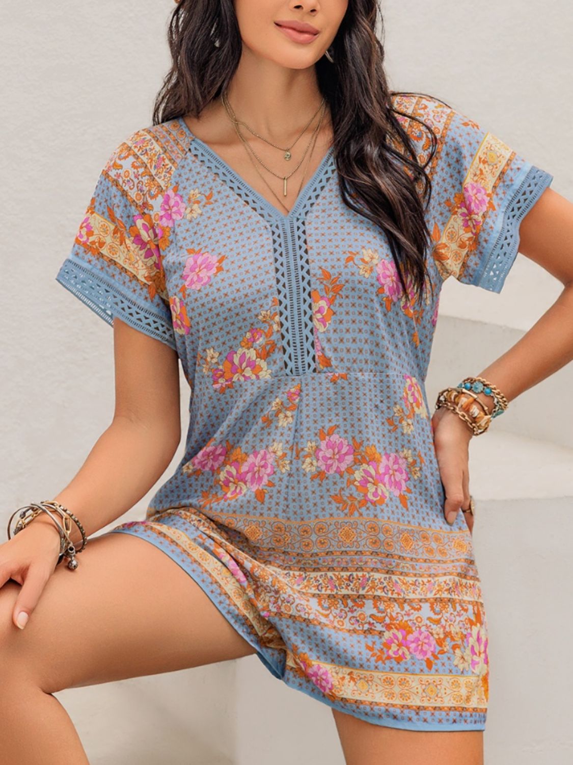 Printed V-Neck Short Sleeve Romper - Charming Charlie
