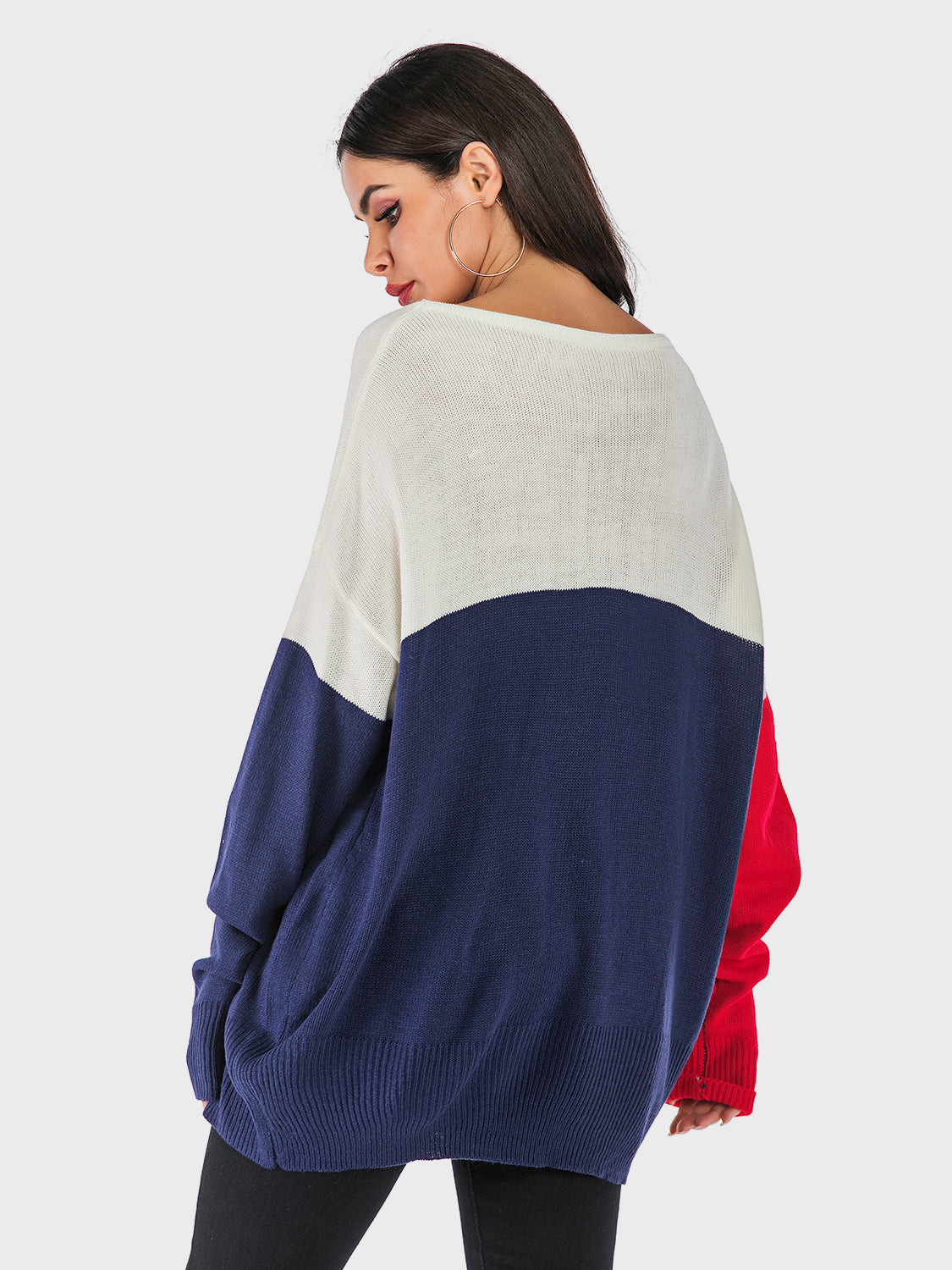 Perfee Contrast V-Neck Long Sleeve Knit Top - Charming Charlie