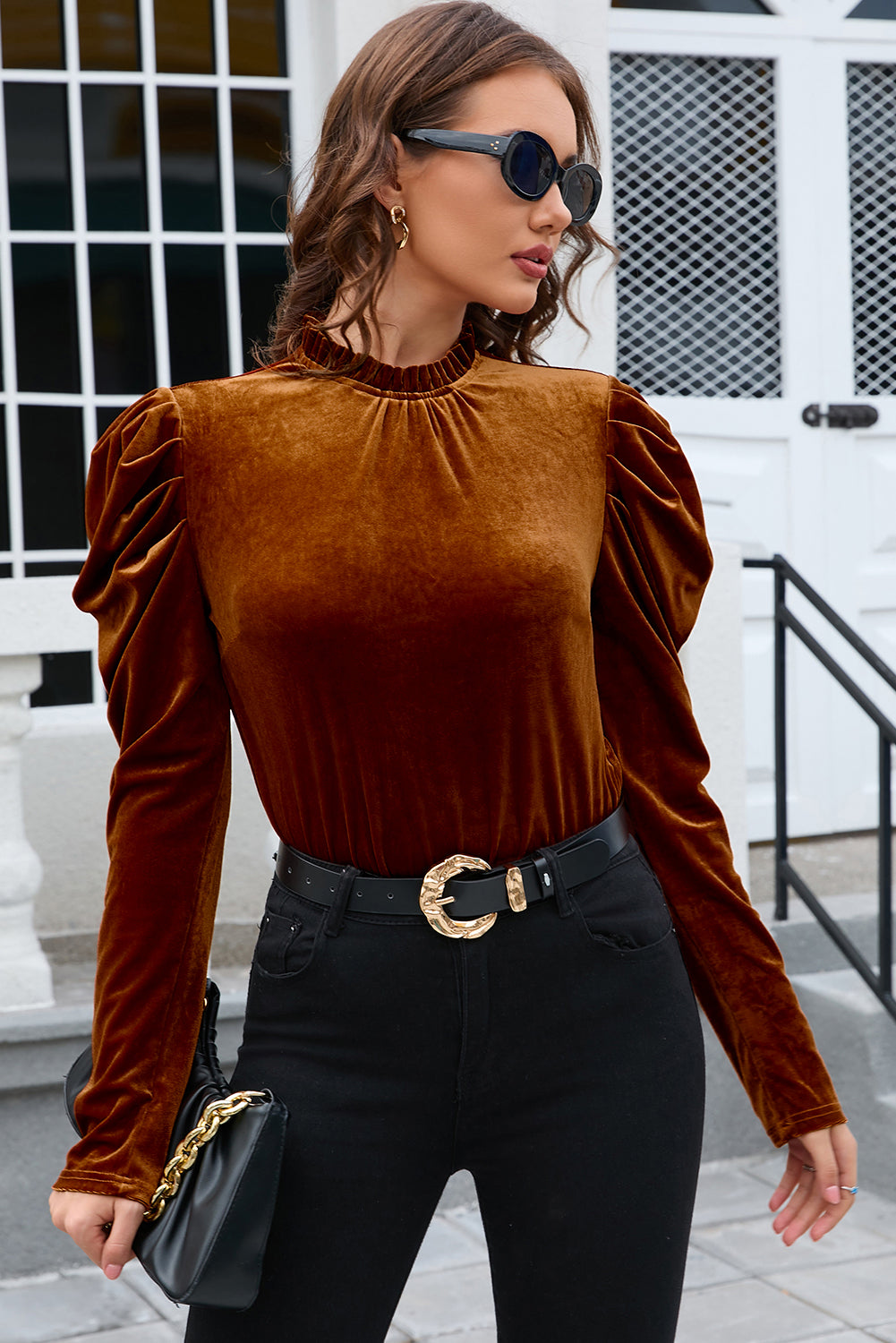 Frill Mock Neck Puff Sleeve Blouse - Charming Charlie
