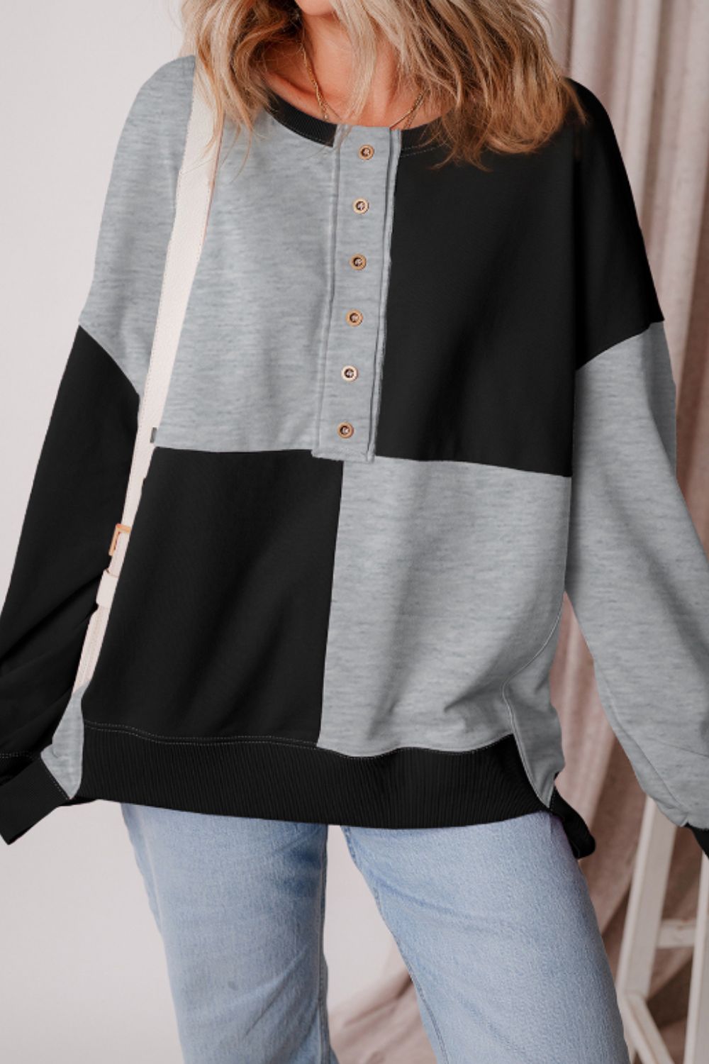 Color Block Half Button Long Sleeve Sweatshirt - Charming Charlie