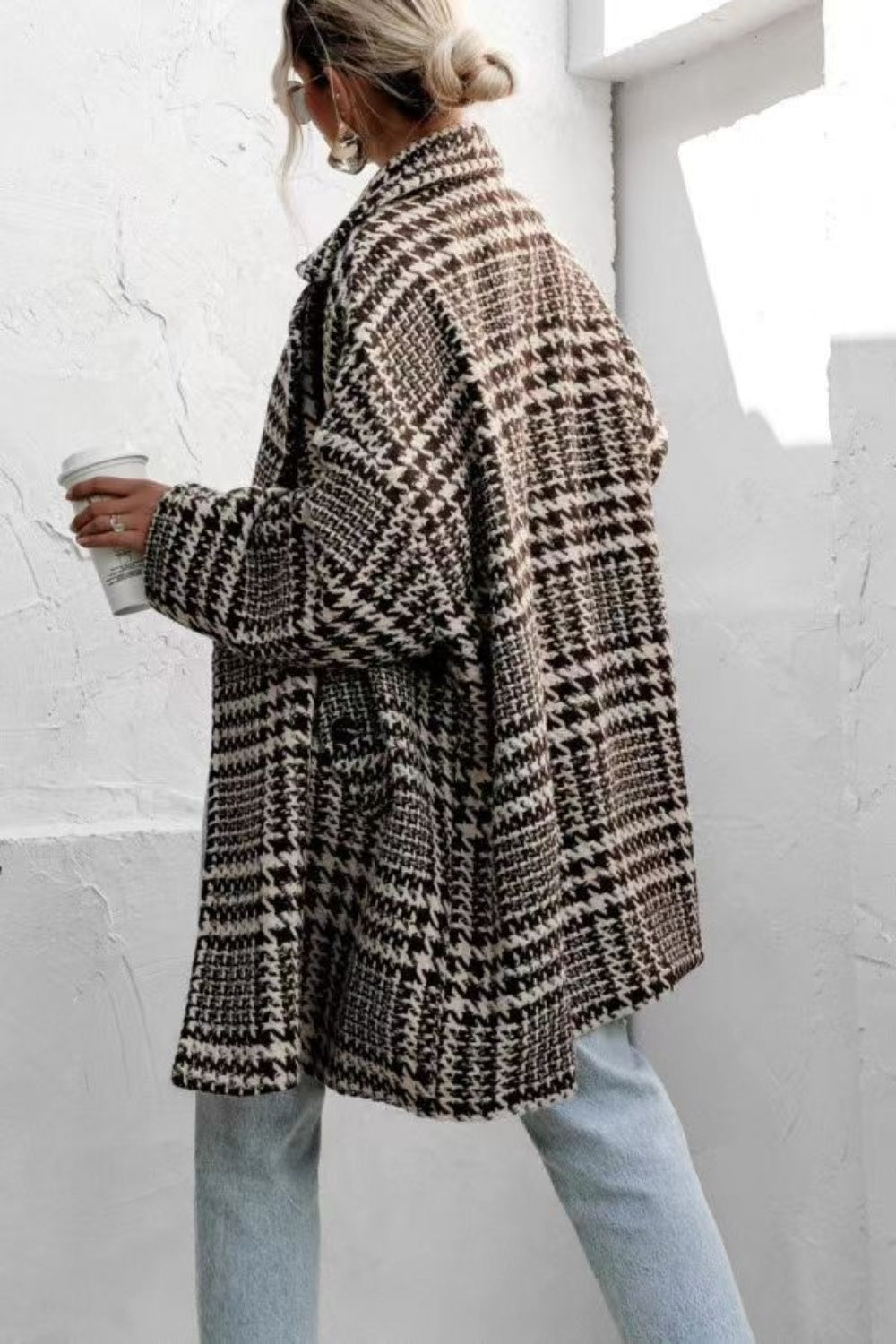 Houndstooth Collared Neck Long Sleeve Coat with Pockets - Charming Charlie