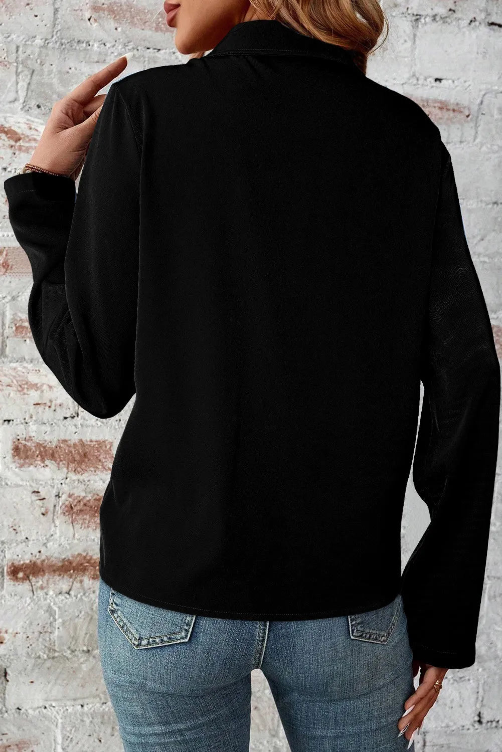 Pocketed Zip Up Collared Neck Long Sleeve Jacket - Charming Charlie