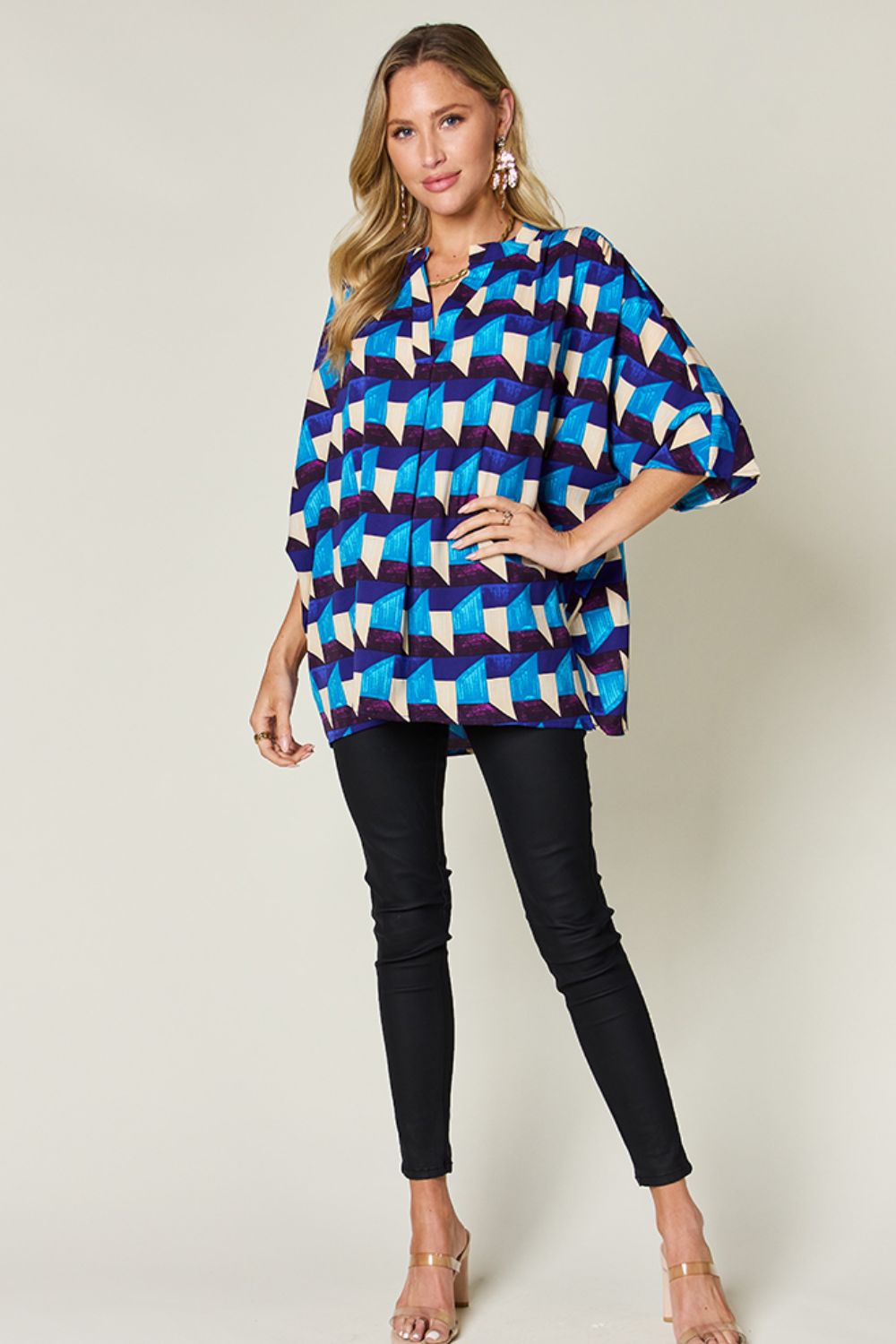 Double Take Full Size Geometric Notched Half Sleeve Blouse - Charming Charlie