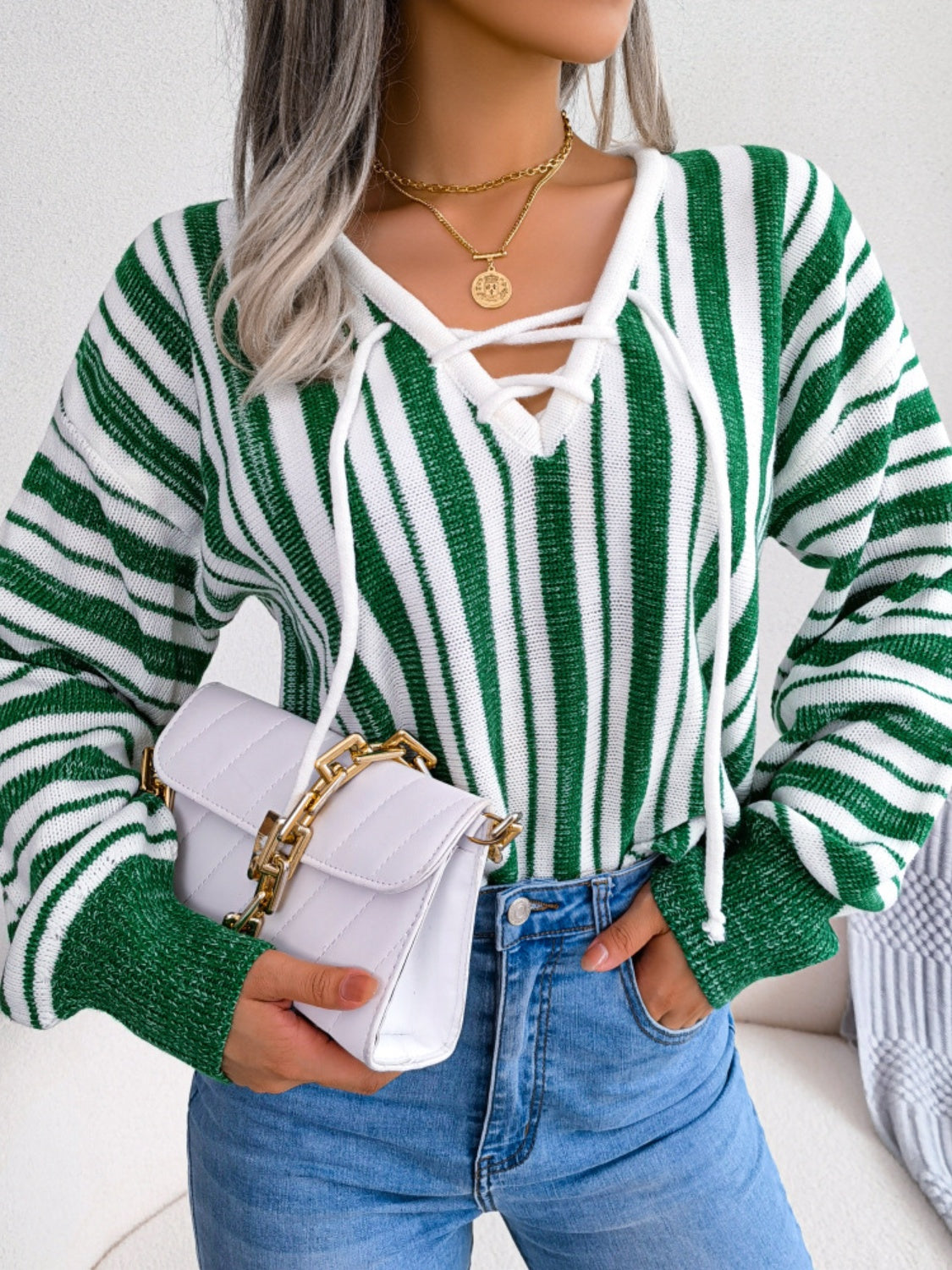 Striped Lace-Up Long Sleeve Sweater - Charming Charlie