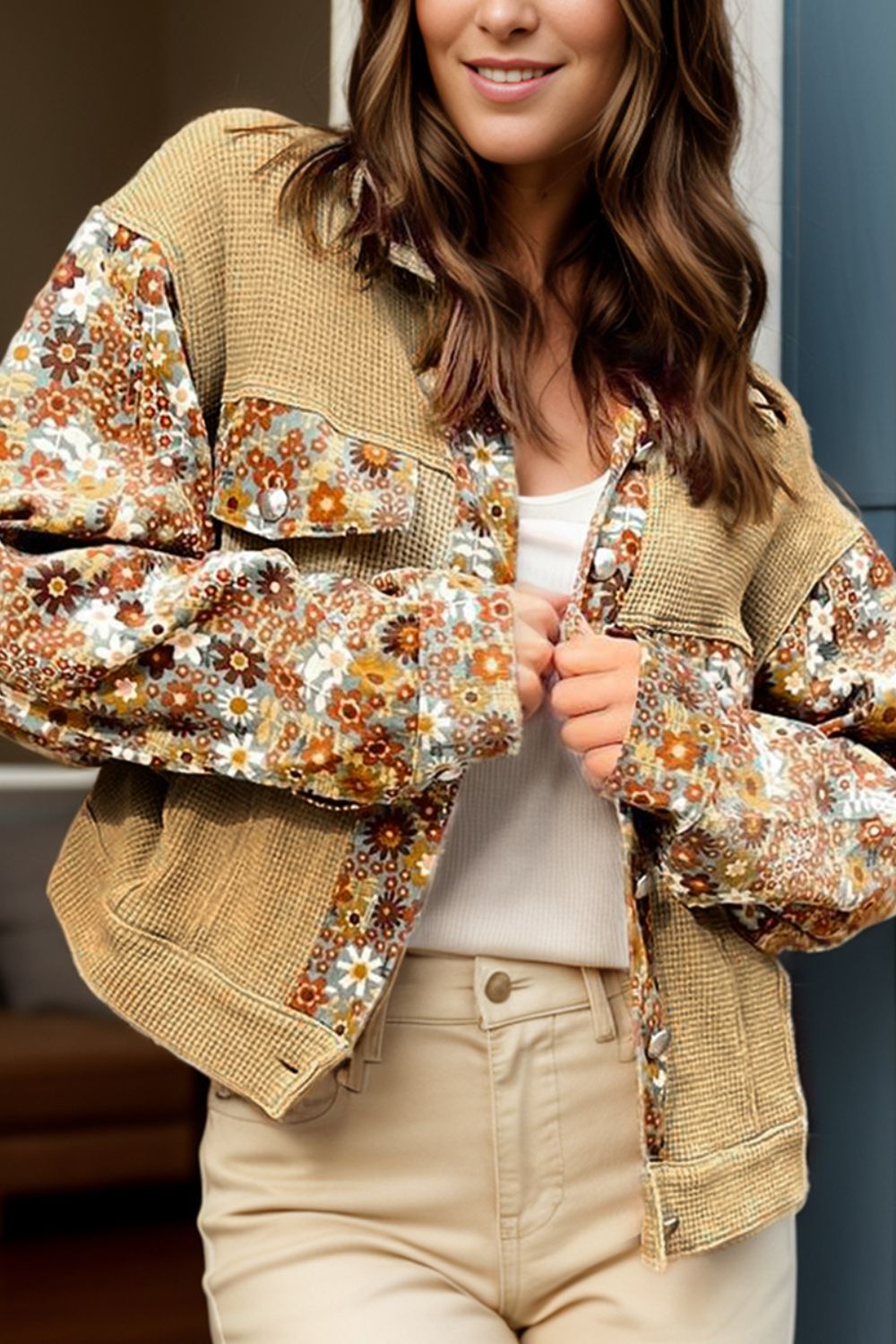 Printed Collared Neck Long Sleeve Jacket - Charming Charlie