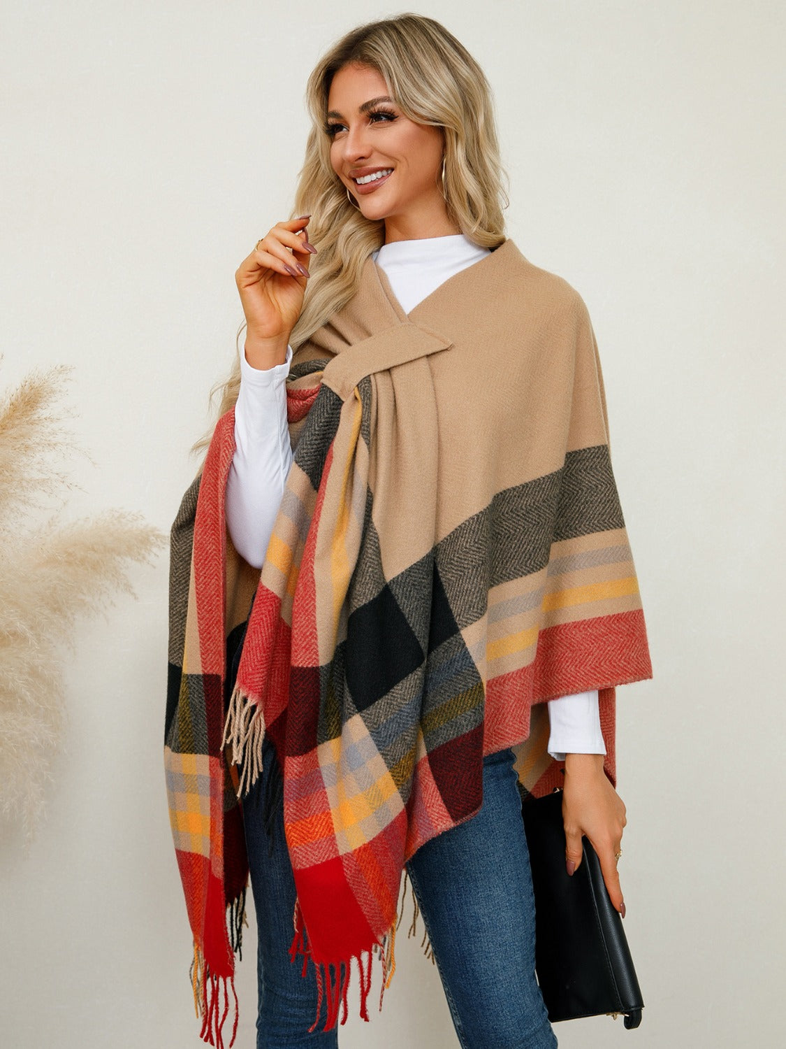 Fringe Contrast Plaid Poncho - Charming Charlie