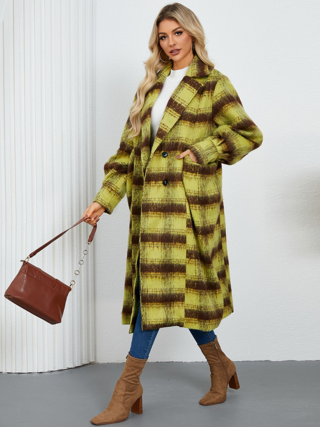 Contrast Double-Breasted Long Sleeve Longline Coat - Charming Charlie