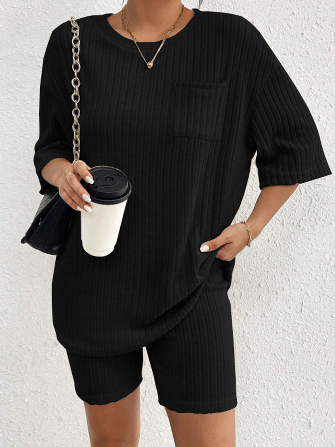 Ribbed Round Neck Top and Shorts Set - Charming Charlie