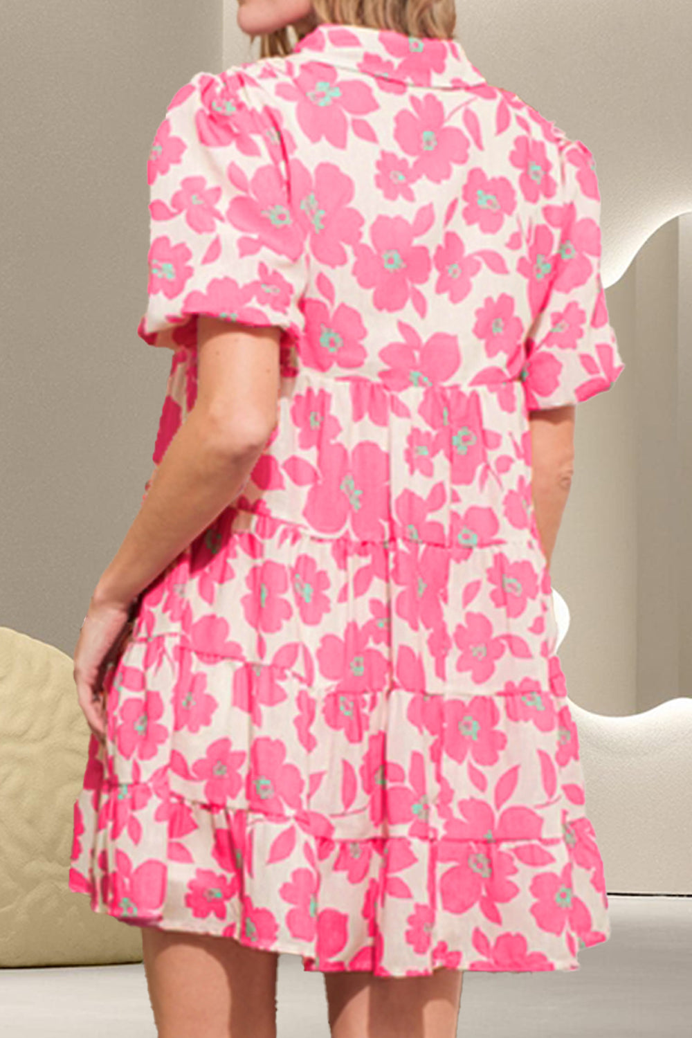 Printed Collared Neck Short Sleeve Mini Dress - Charming Charlie