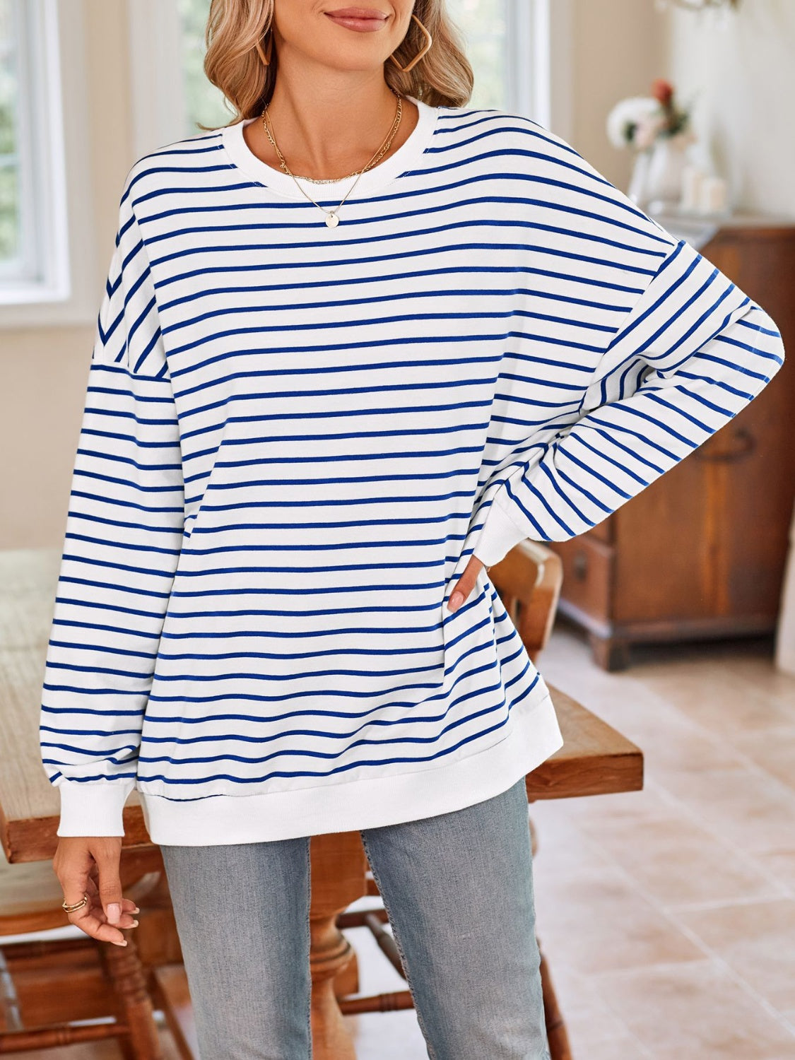 Striped Round Neck Long Sleeve Sweatshirt - Charming Charlie