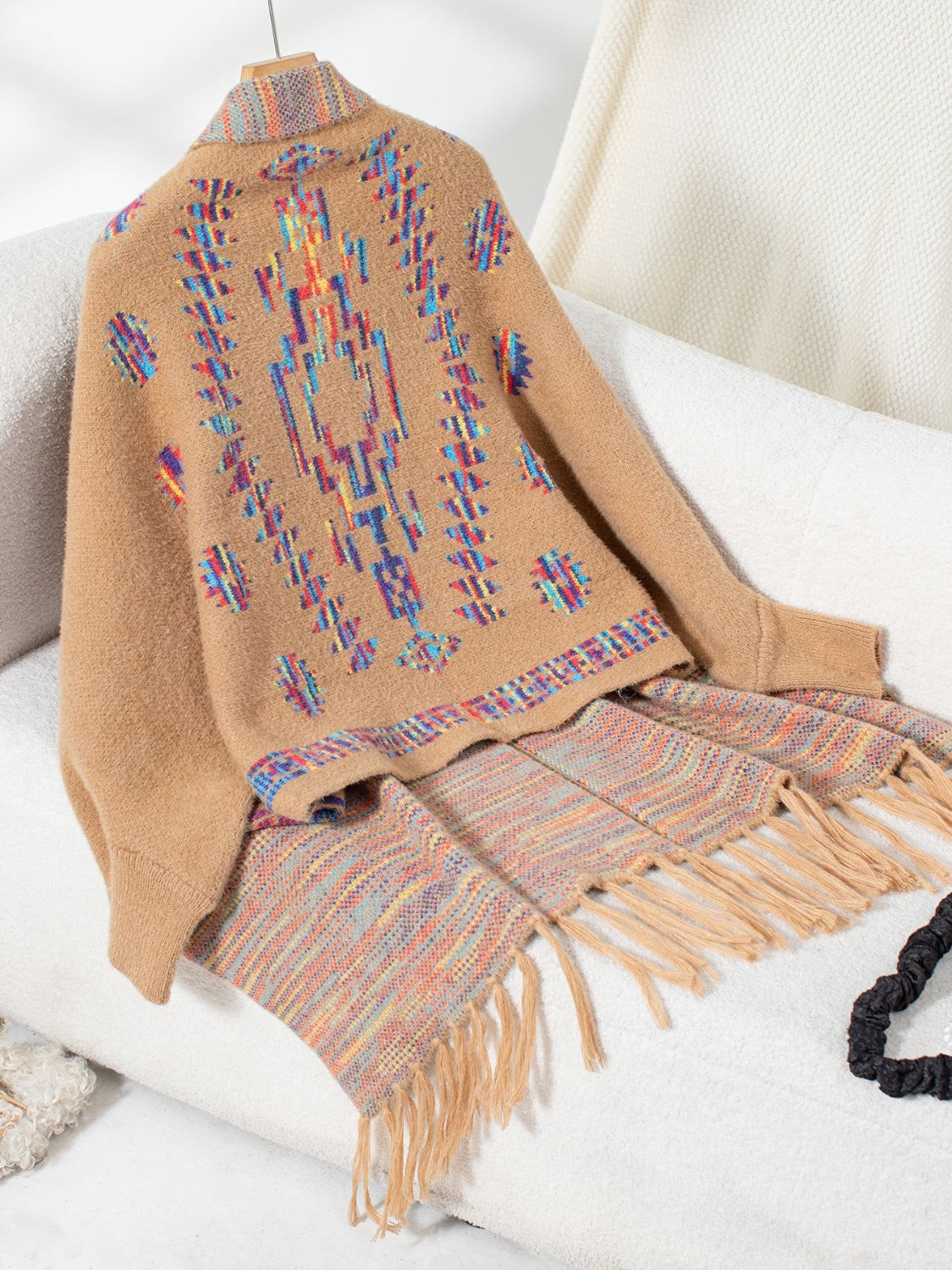 Fringe Geometric Open Front Long Sleeve Cape - Charming Charlie