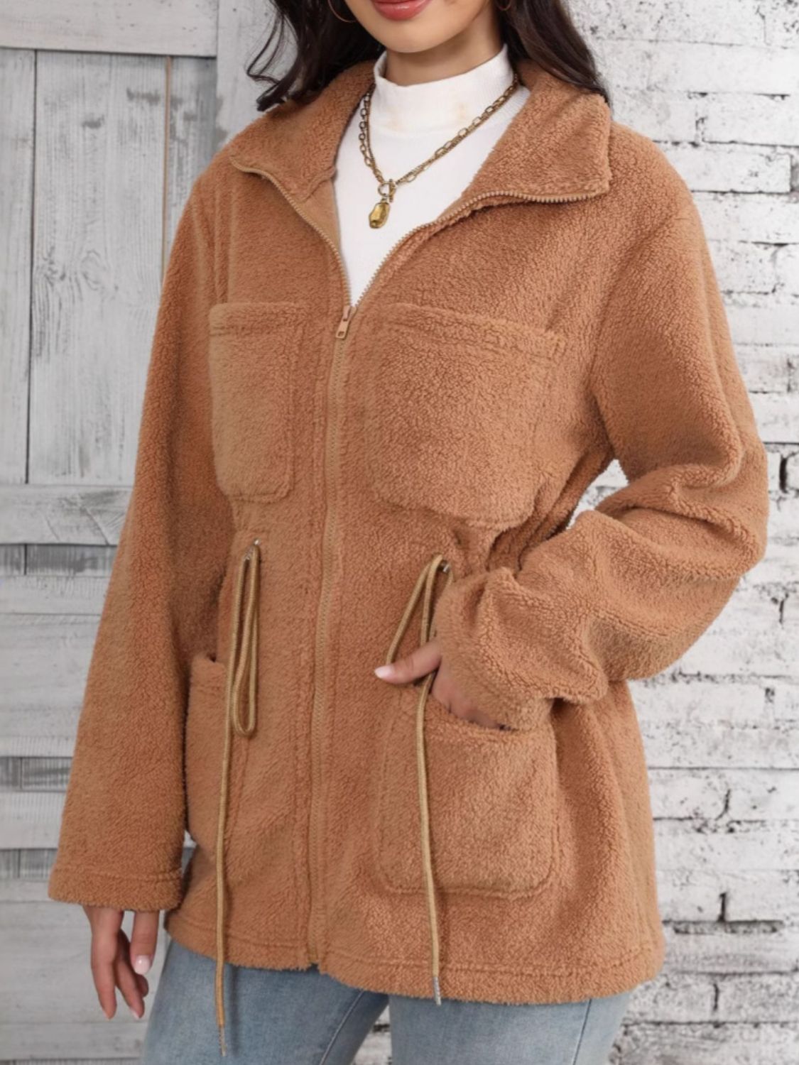 Drawstring Zip Up Long Sleeve Outerwear - Charming Charlie
