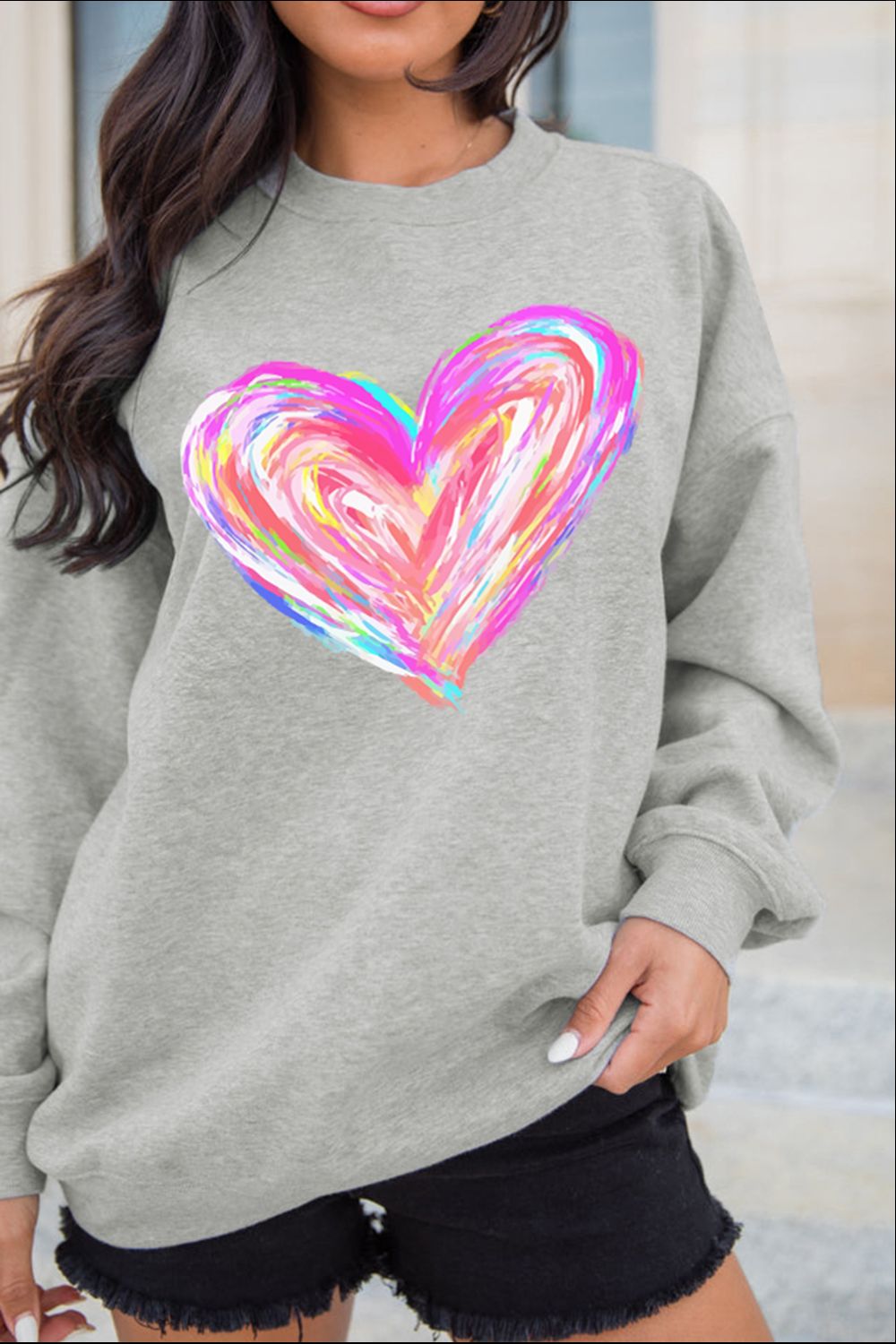 Valentine’s Day Heart Round Neck Drop Shoulder Sweatshirt - Charming Charlie