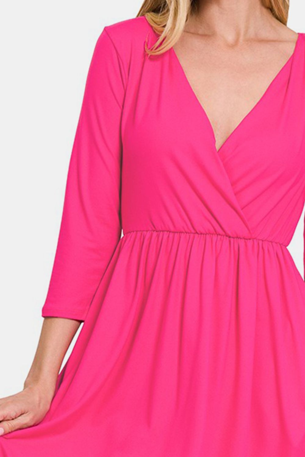 Zenana Three-Quarter Sleeve Surplice Dress with Pockets - Charming Charlie