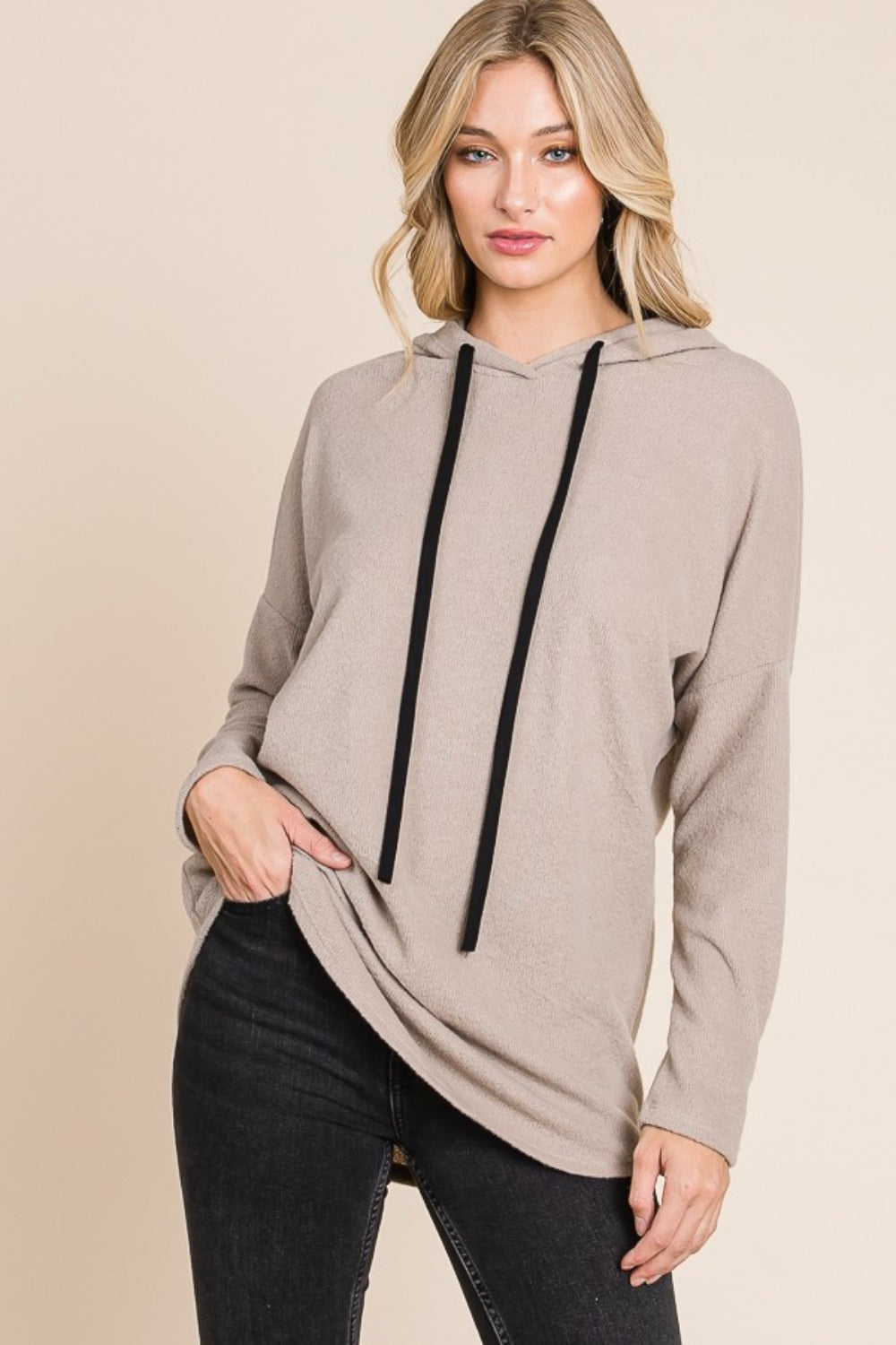 BOMBOM Contrast Drawstring Drop Shoulder Knit Hoodie - Charming Charlie