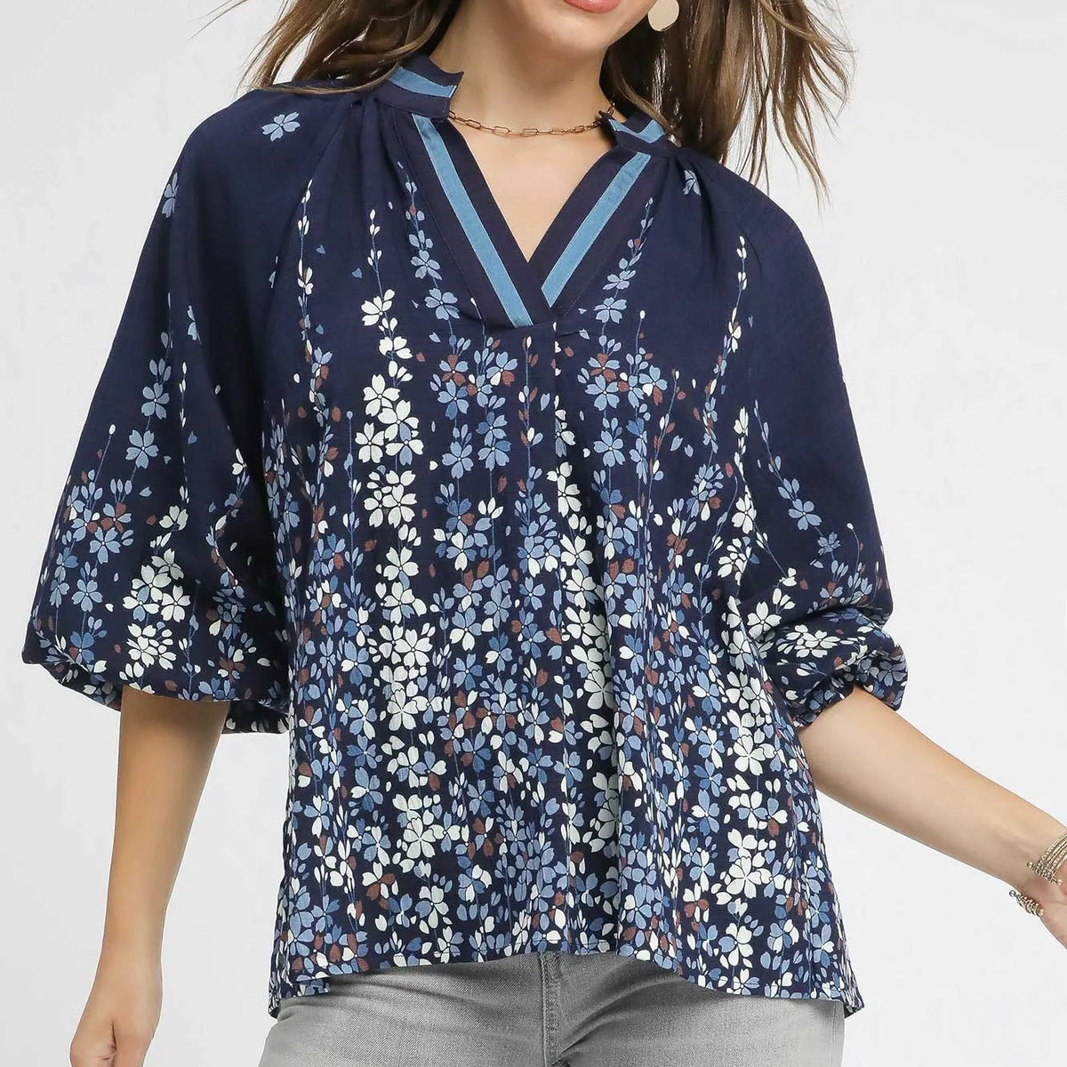 Umgee Peony Illustration Print Flounce Sleeve Blouse