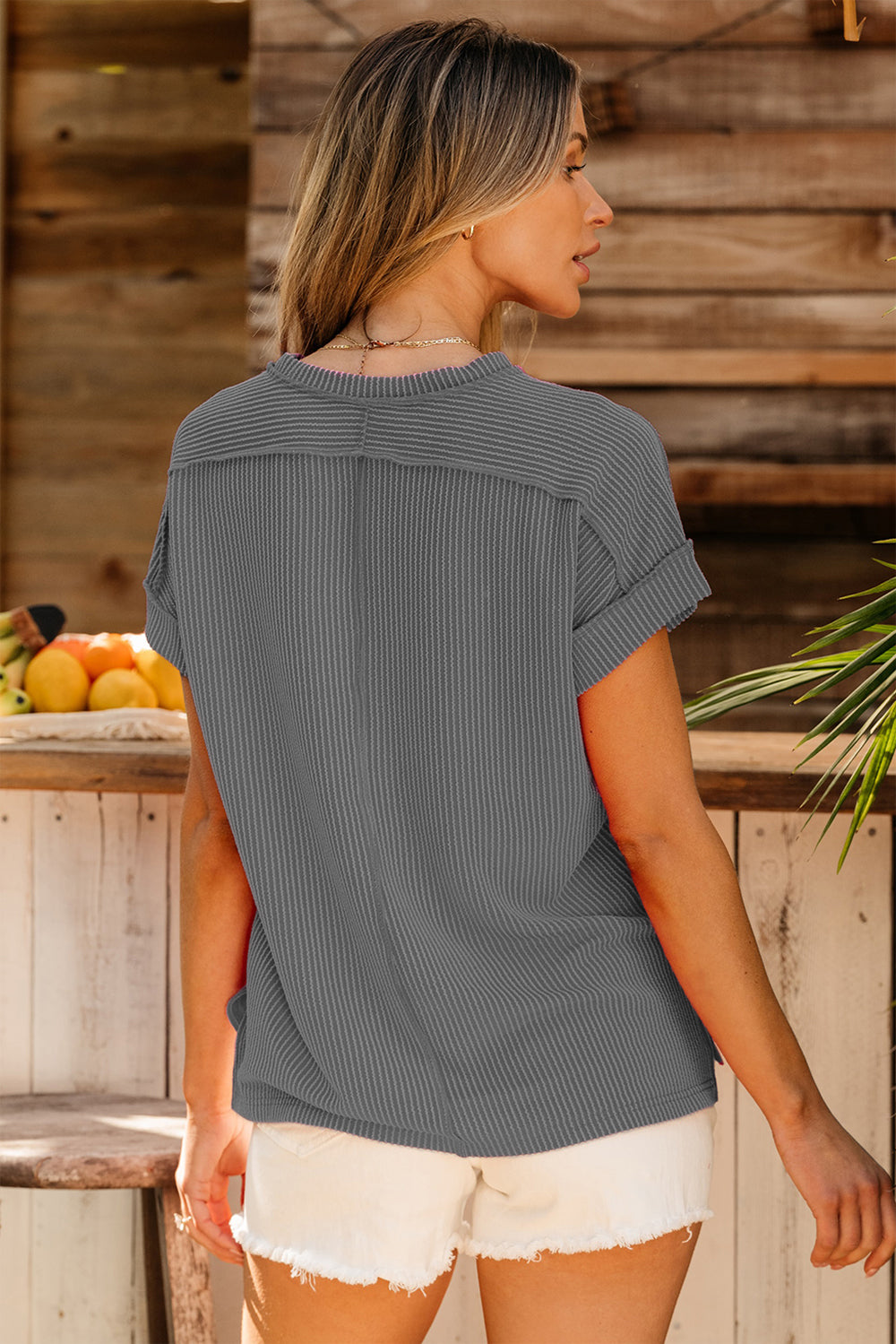 Exposed Seam Round Neck Short Sleeve T-Shirt - Charming Charlie