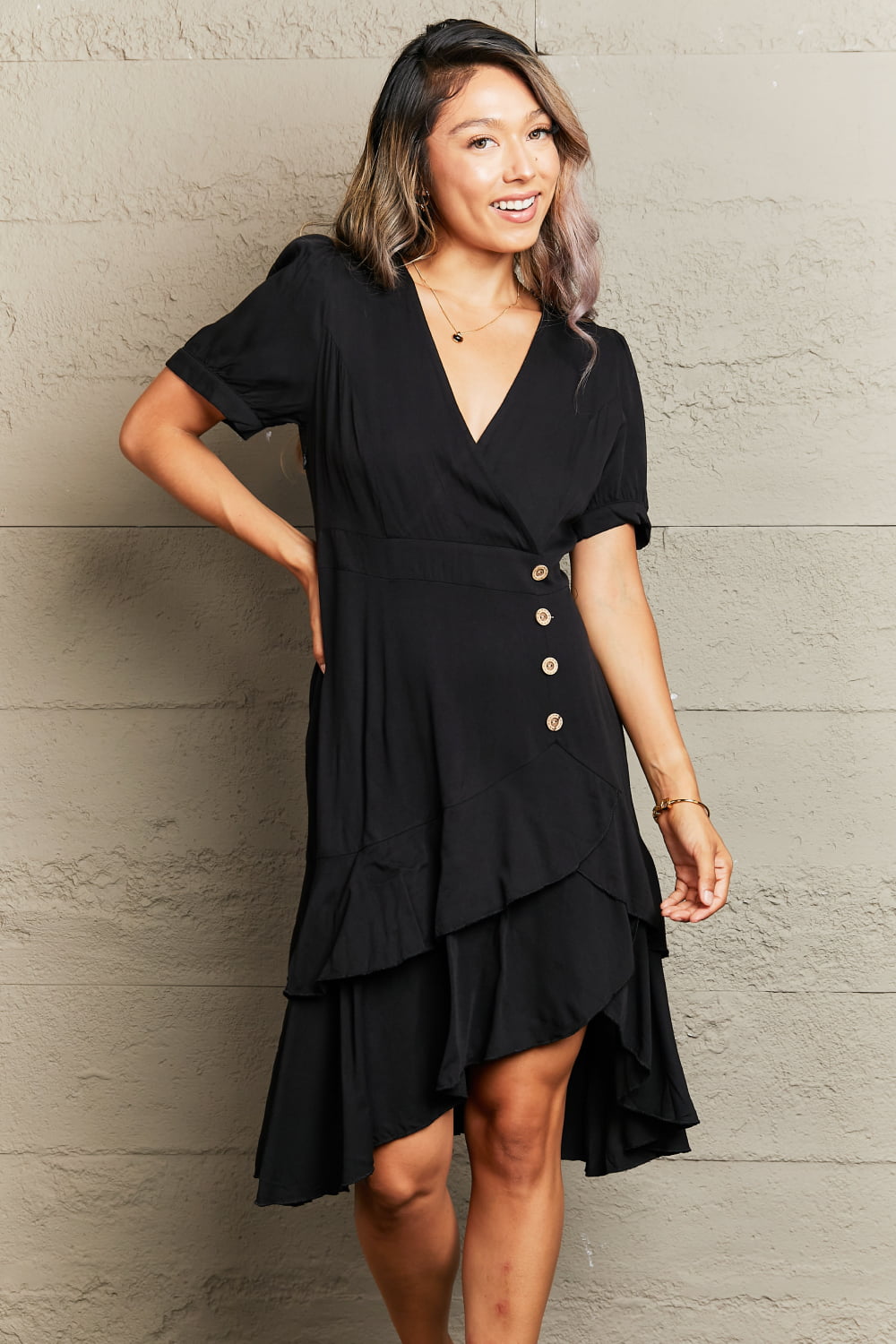 Decorative Button Surplice Ruffle Hem Dress - Charming Charlie