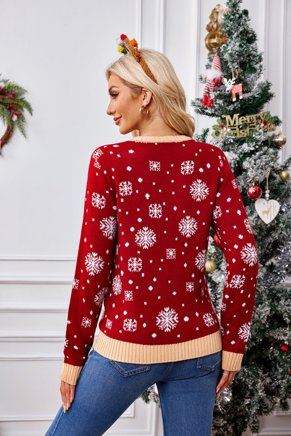 Christmas Pattern Round Neck Long Sleeve Sweater - Charming Charlie