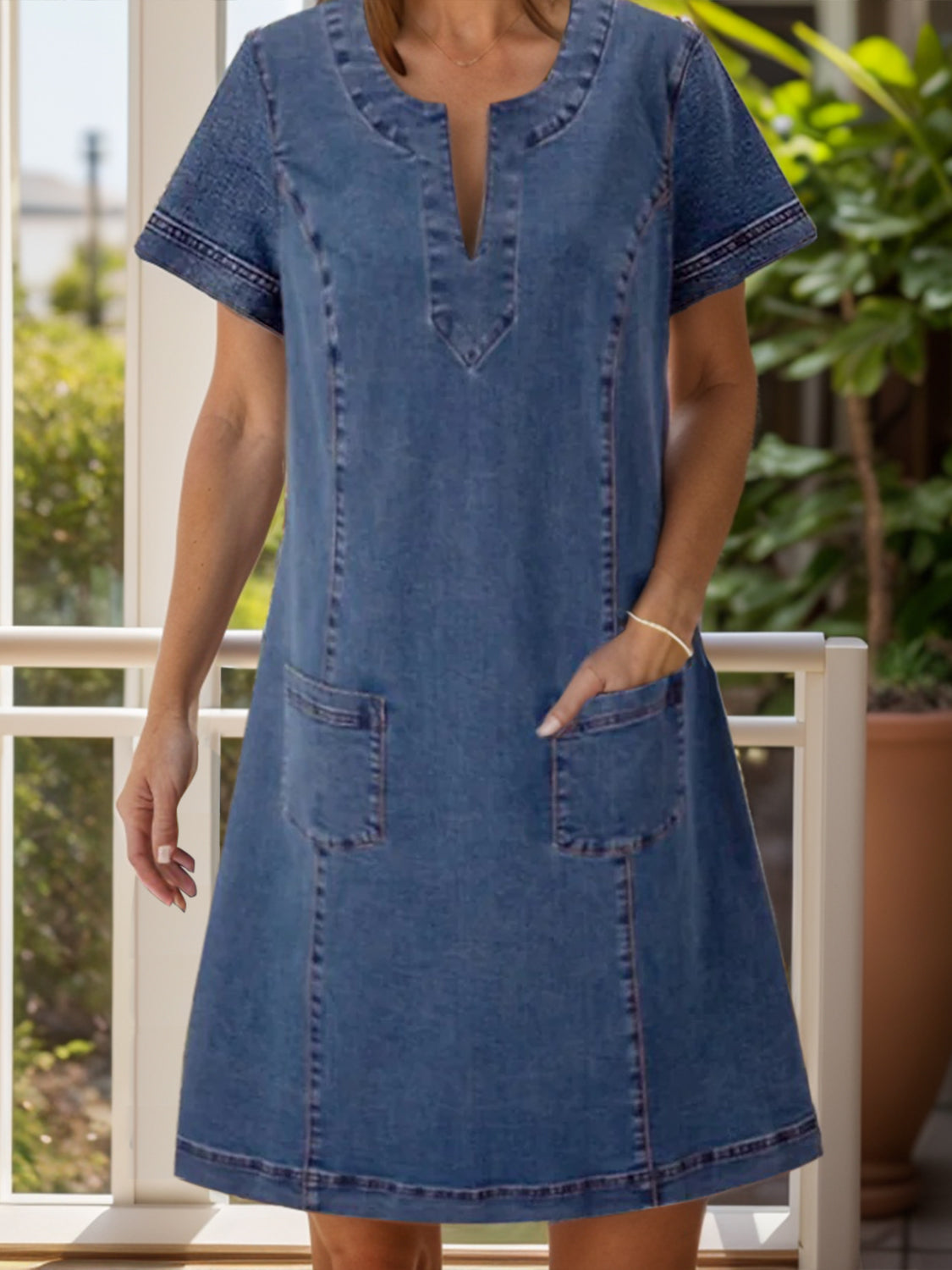 Full Size Notched Short Sleeve Denim Dress - Charming Charlie