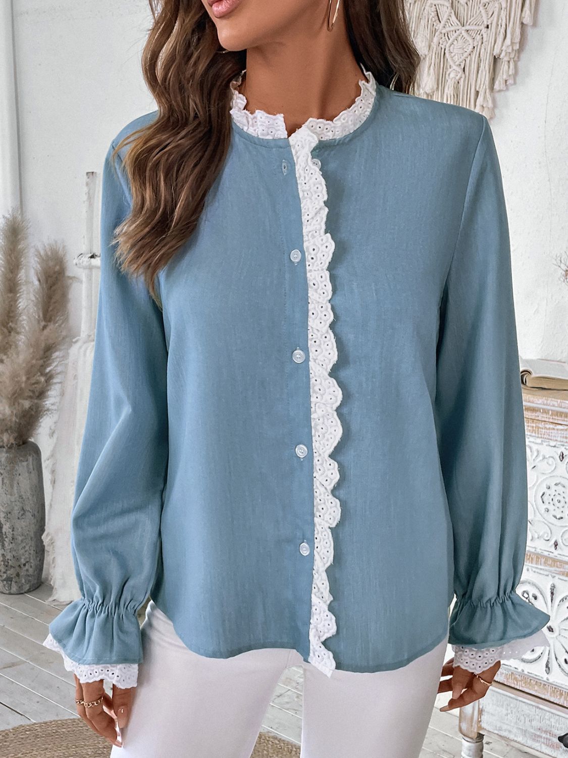 Perfee Lace Detail Button Down Long Sleeve Shirt - Charming Charlie