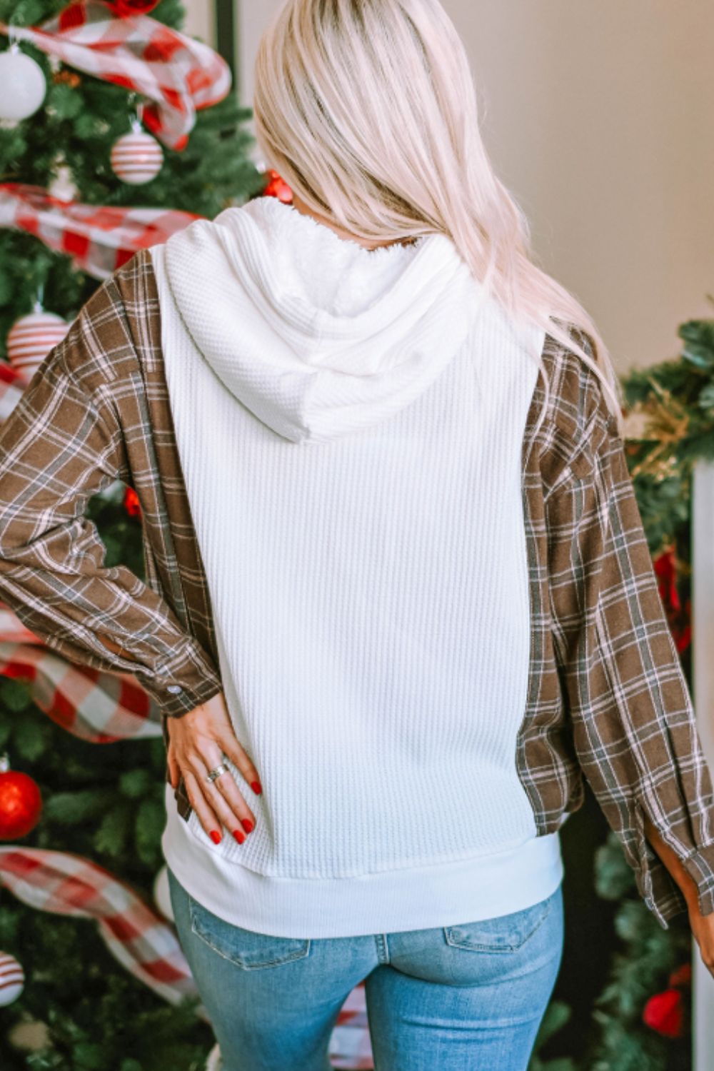 Waffle Knit Plaid Long Sleeve Kangaroo Pocket Hoodie - Charming Charlie