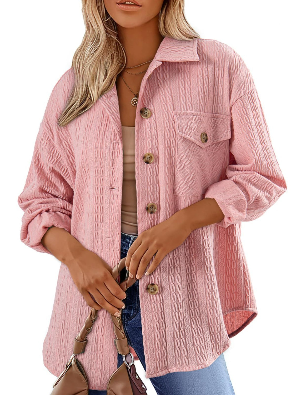 Textured Button Up Long Sleeve Shacket - Charming Charlie