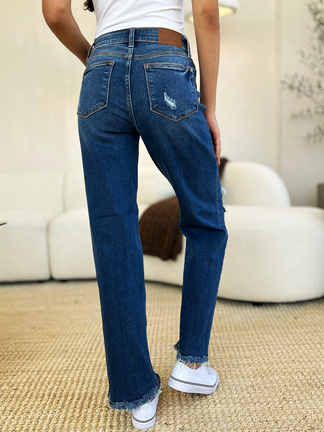 Judy Blue Full Size Mid Rise Distressed Raw Hem Jeans - Charming Charlie