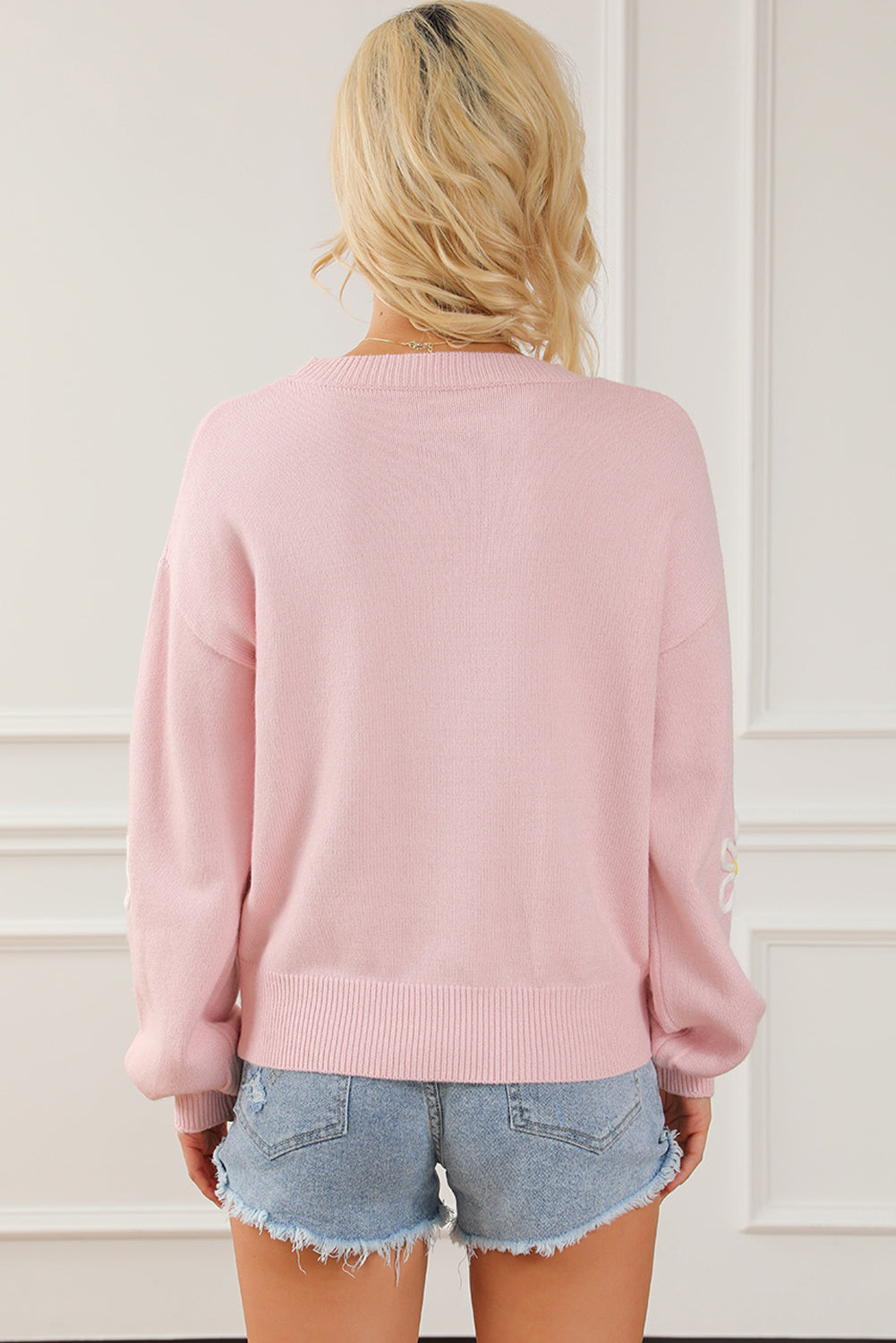 Flower Round Neck Dropped Shoulder Sweater - Charming Charlie
